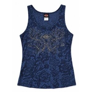 Harley-Davidson Honolulu Hawaii Biker Tank Top Navy Blue Studded Lace Print L